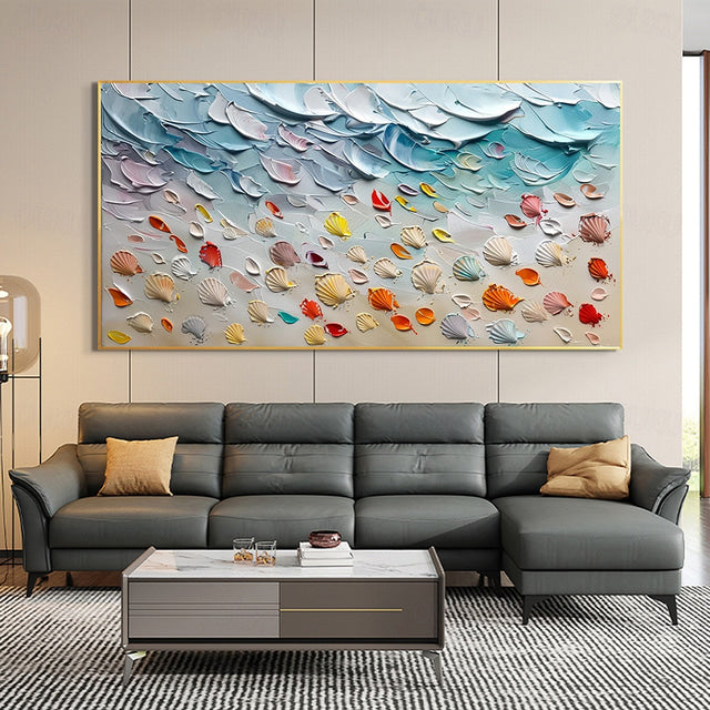 Ocean's Treasure-Colorful 3D Textured Seashell Painting, Turquoise Ocean Beach Impasto Wall Art