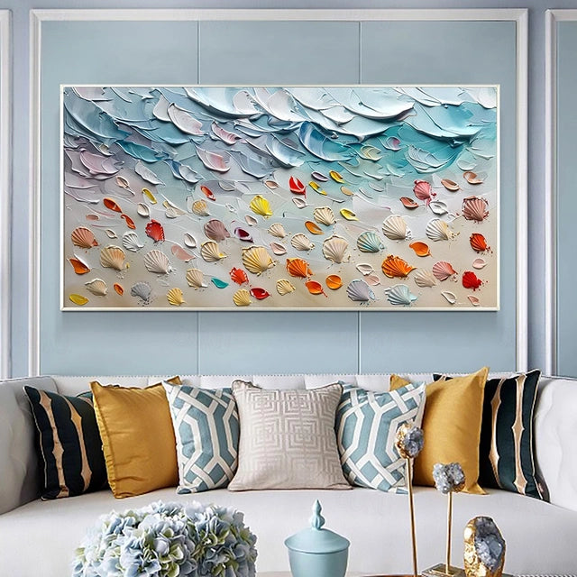 Ocean's Treasure-Colorful 3D Textured Seashell Painting, Turquoise Ocean Beach Impasto Wall Art