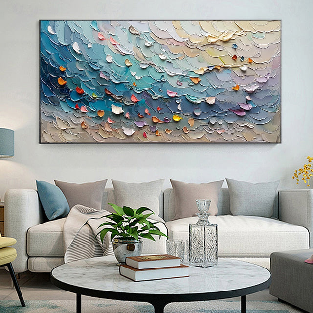 Seaside Shells Harmony-Textured Impasto Oil Painting, Colorful Abstract Wave - Inspired Wall Art for Home Decor