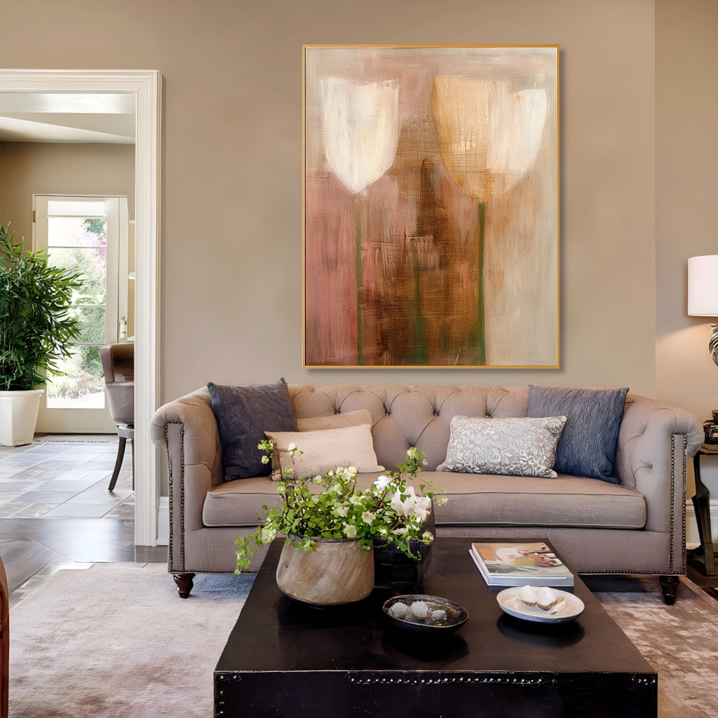 Silent Tulip Elegance – Minimalist Abstract Floral Oil Painting