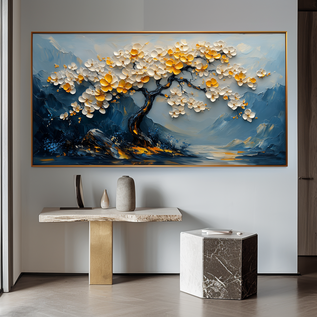 Ethereal Blossoms-Relief Texture Blooming Tree Oil Painting with Mountain Landscape | Modern Home Decor Wall Art