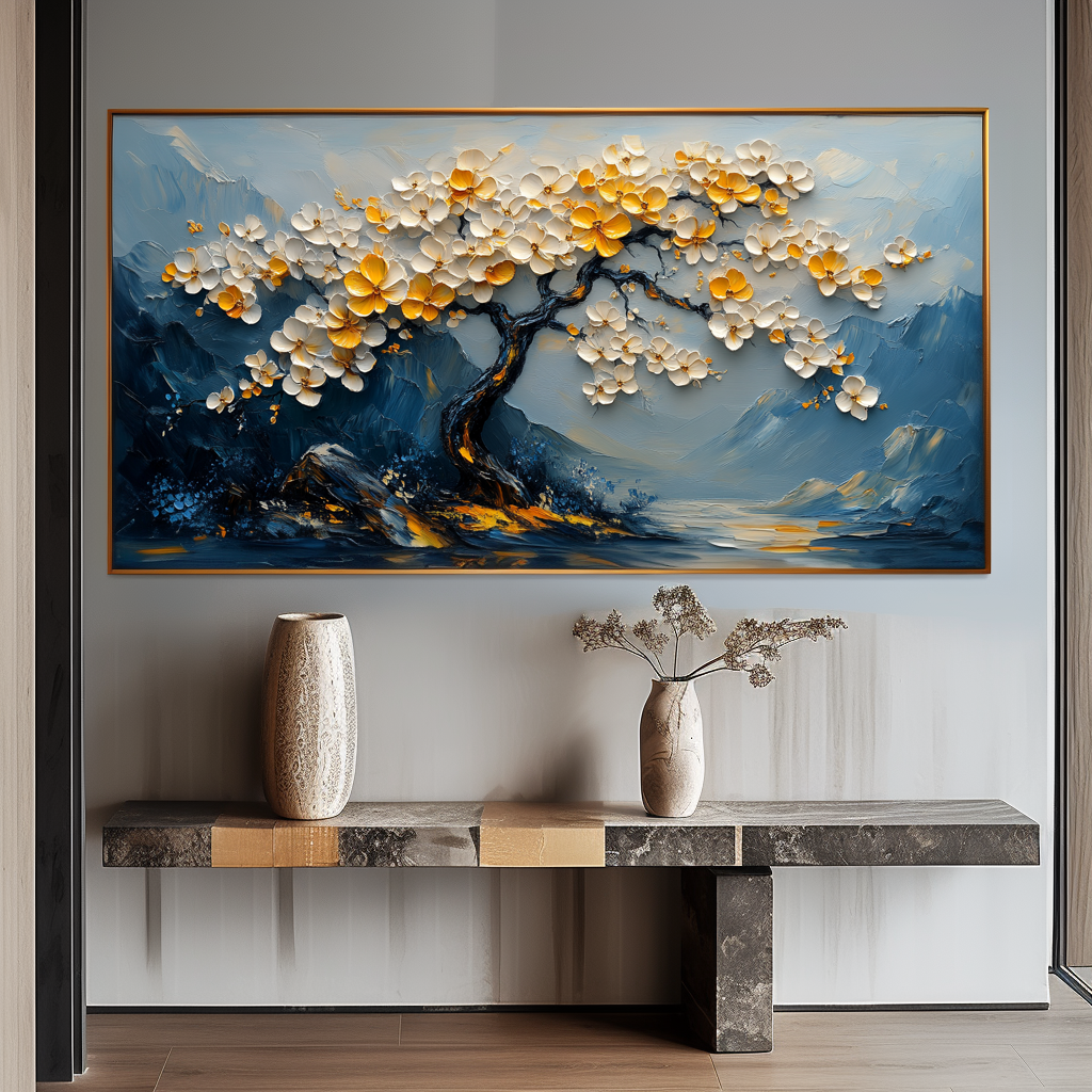 Ethereal Blossoms-Relief Texture Blooming Tree Oil Painting with Mountain Landscape | Modern Home Decor Wall Art