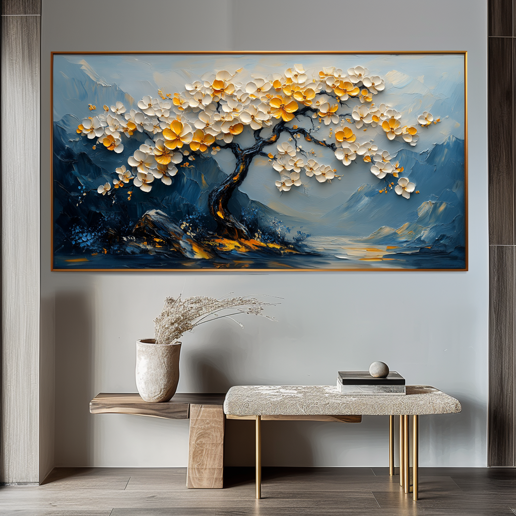 Ethereal Blossoms-Relief Texture Blooming Tree Oil Painting with Mountain Landscape | Modern Home Decor Wall Art