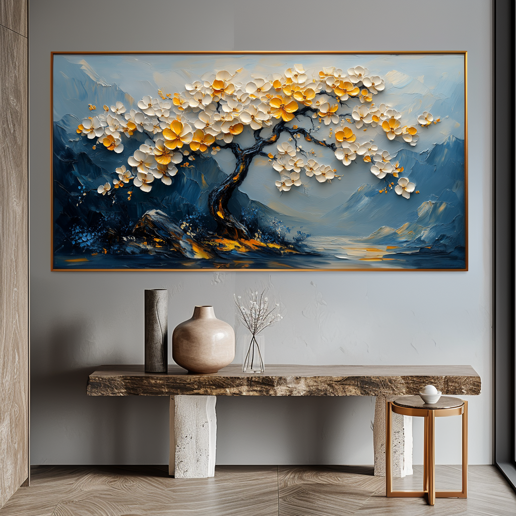 Ethereal Blossoms-Relief Texture Blooming Tree Oil Painting with Mountain Landscape | Modern Home Decor Wall Art