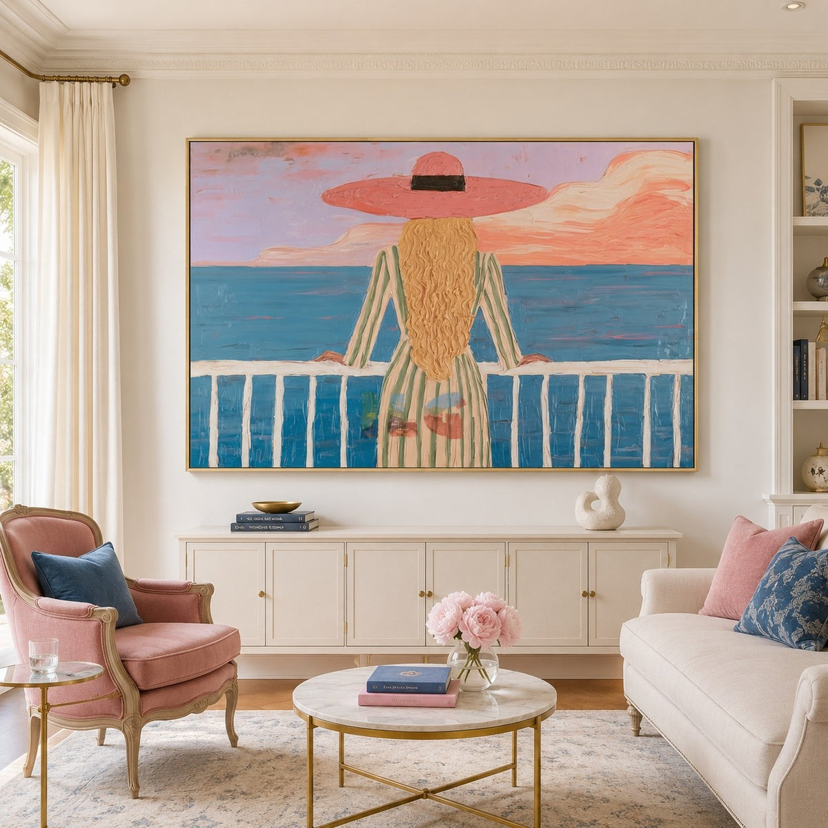Pink Horizon Balcony – Coastal Figure Wall Art
