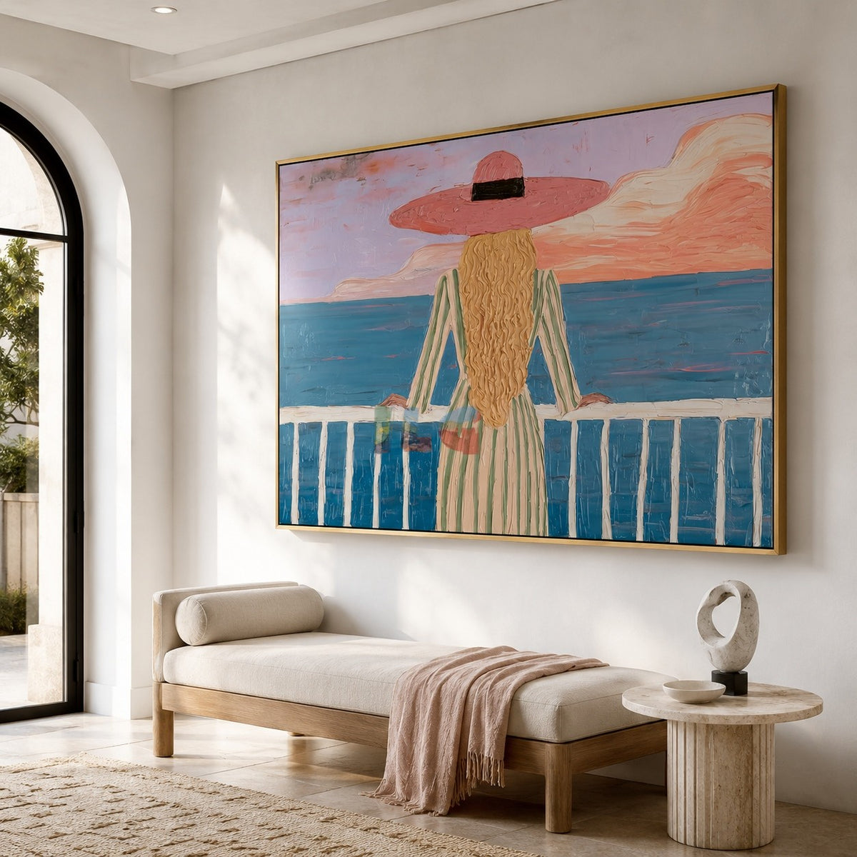 Pink Horizon Balcony – Coastal Figure Wall Art