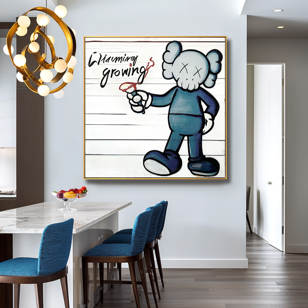 Playful cartoon character painting holding a pen with handwritten text charming growing