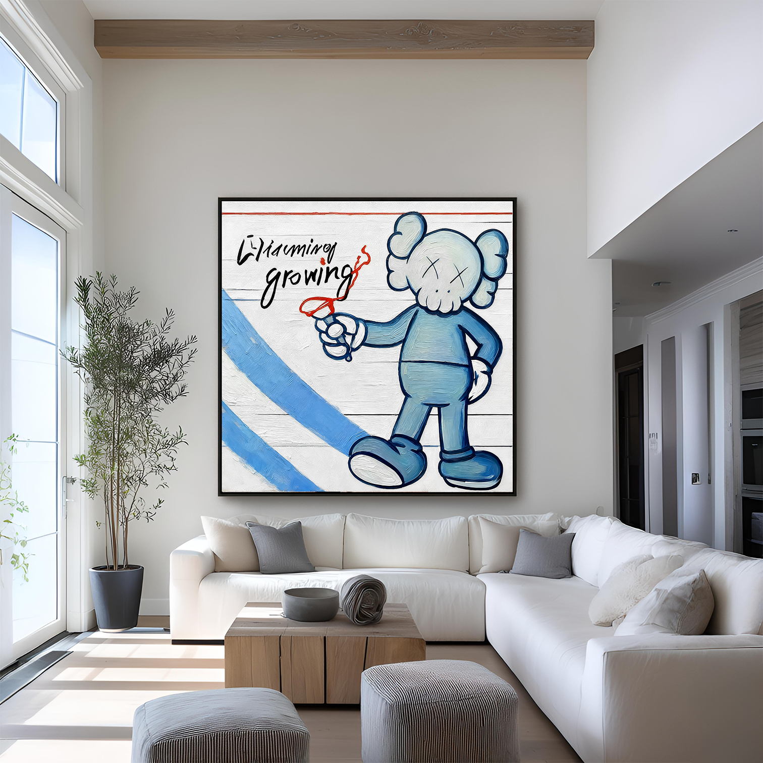 Playful character painting with cartoon figure holding a pen and charming growing text