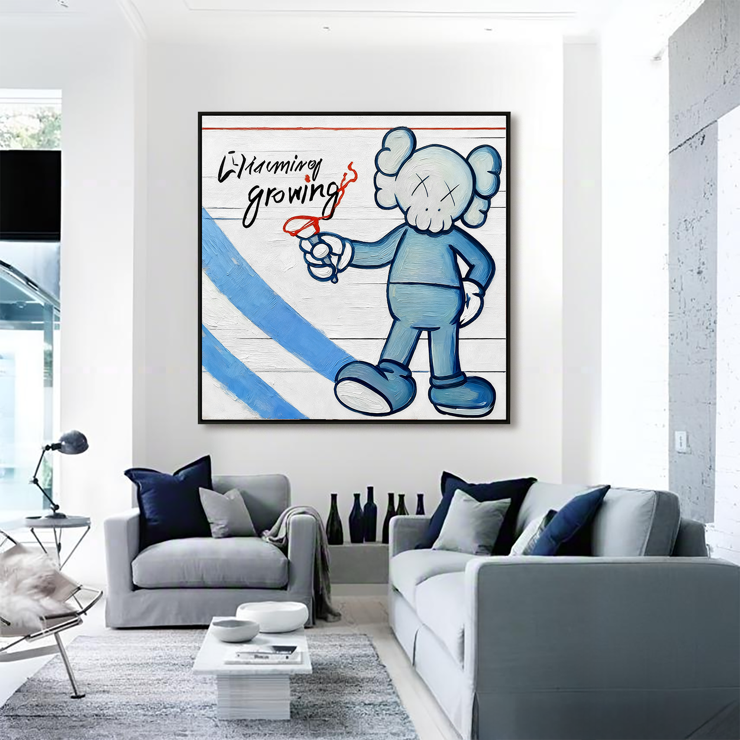 Playful character painting with cartoon figure holding a pen and charming growing text