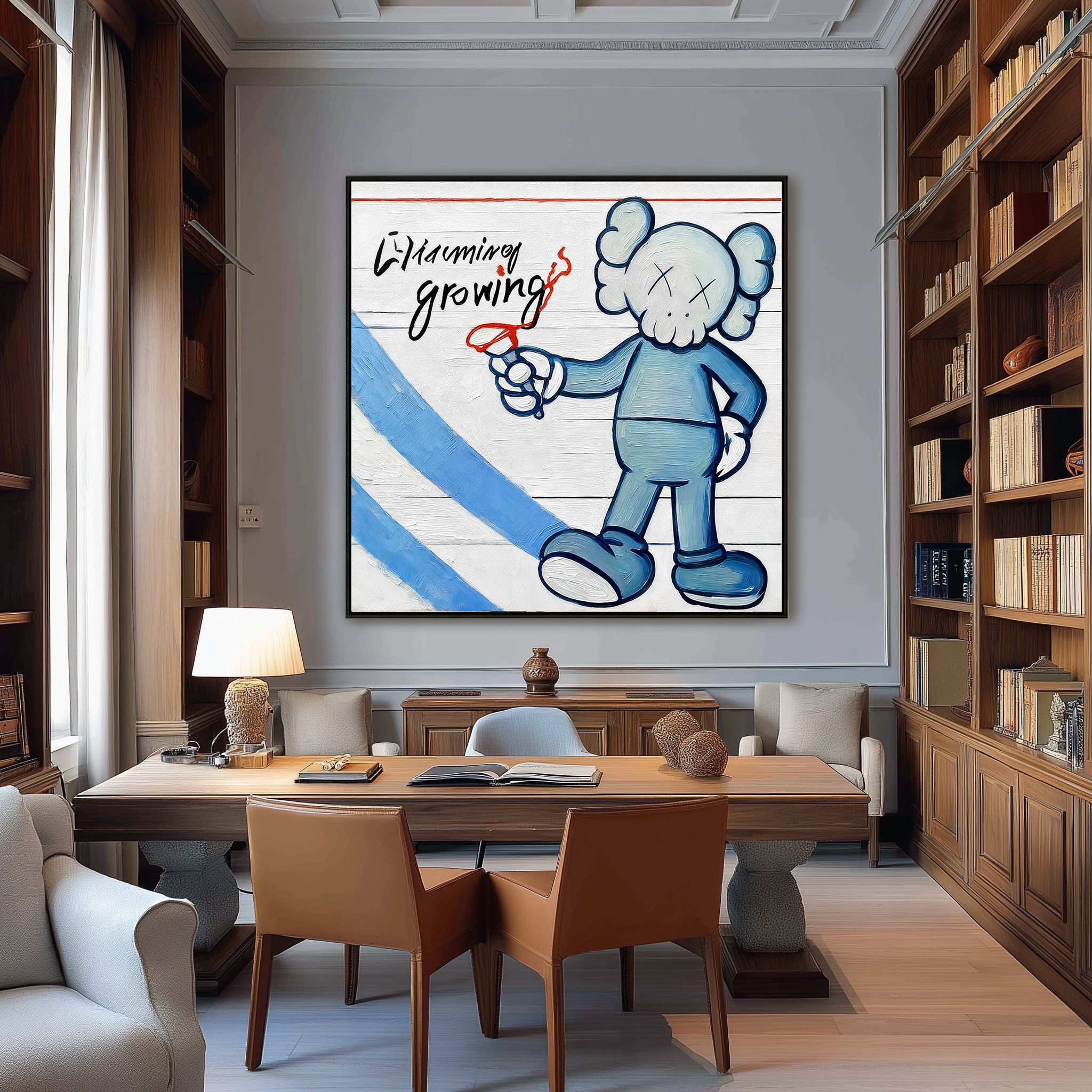 Playful character painting with cartoon figure holding a pen and charming growing text