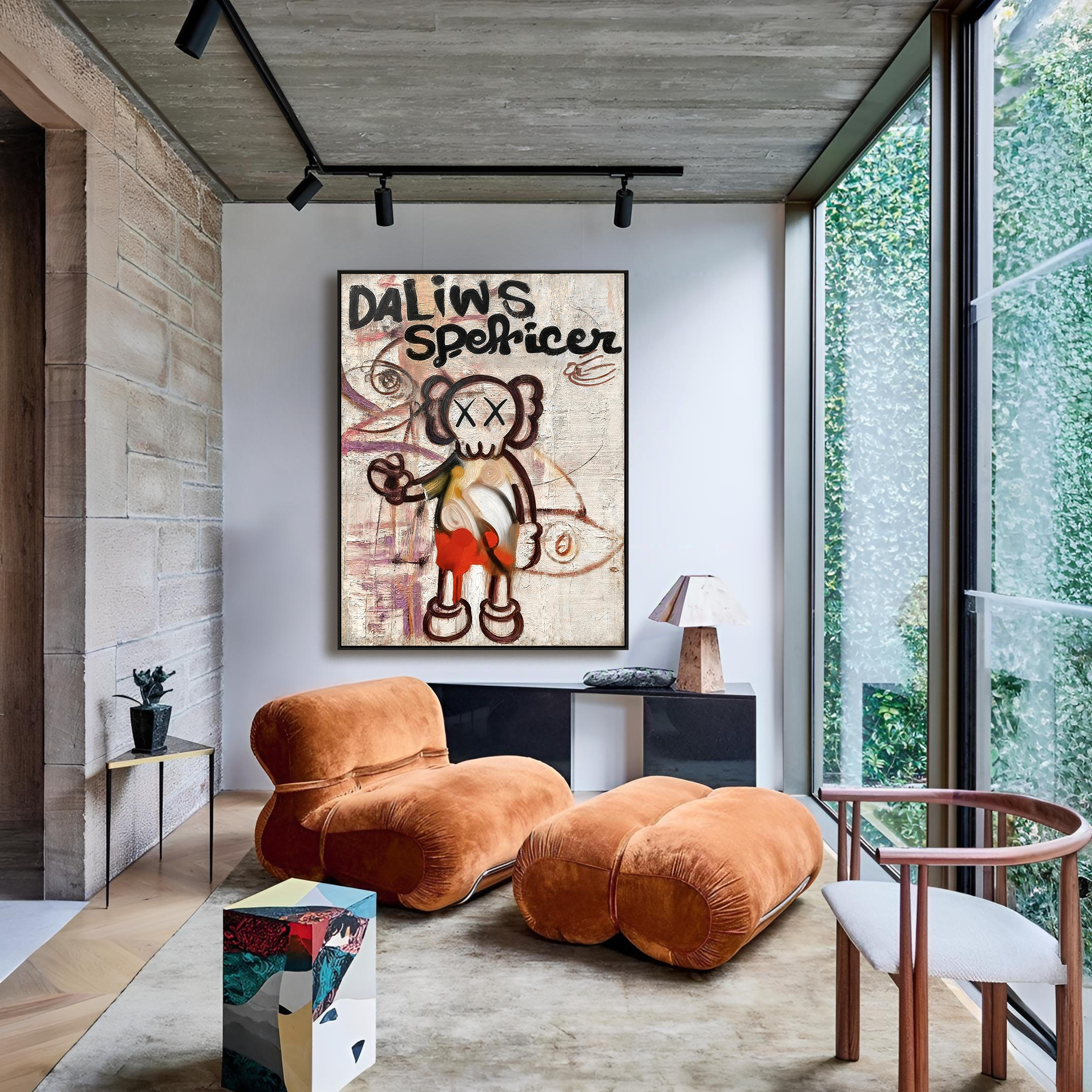 Playful character painting with crossed eyes and expressive abstract background