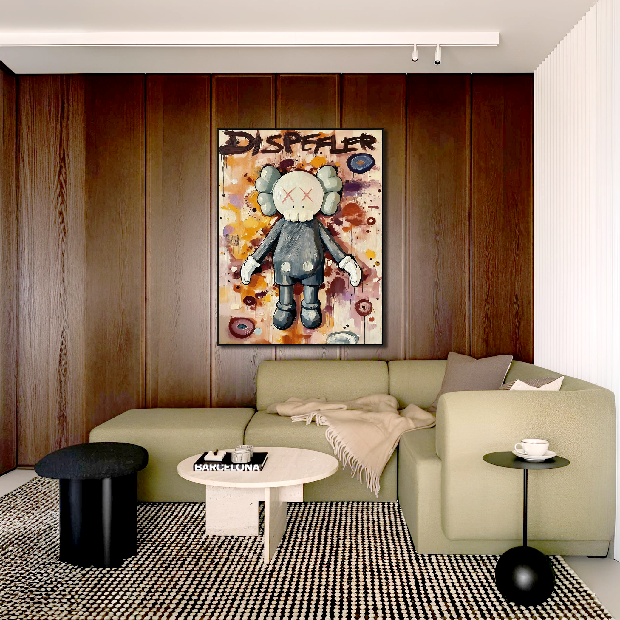 Playful cartoon character painting with crossed eyes and colorful abstract background