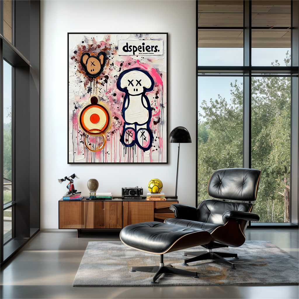 Playful character artwork with abstract symbols and colorful paint splashes