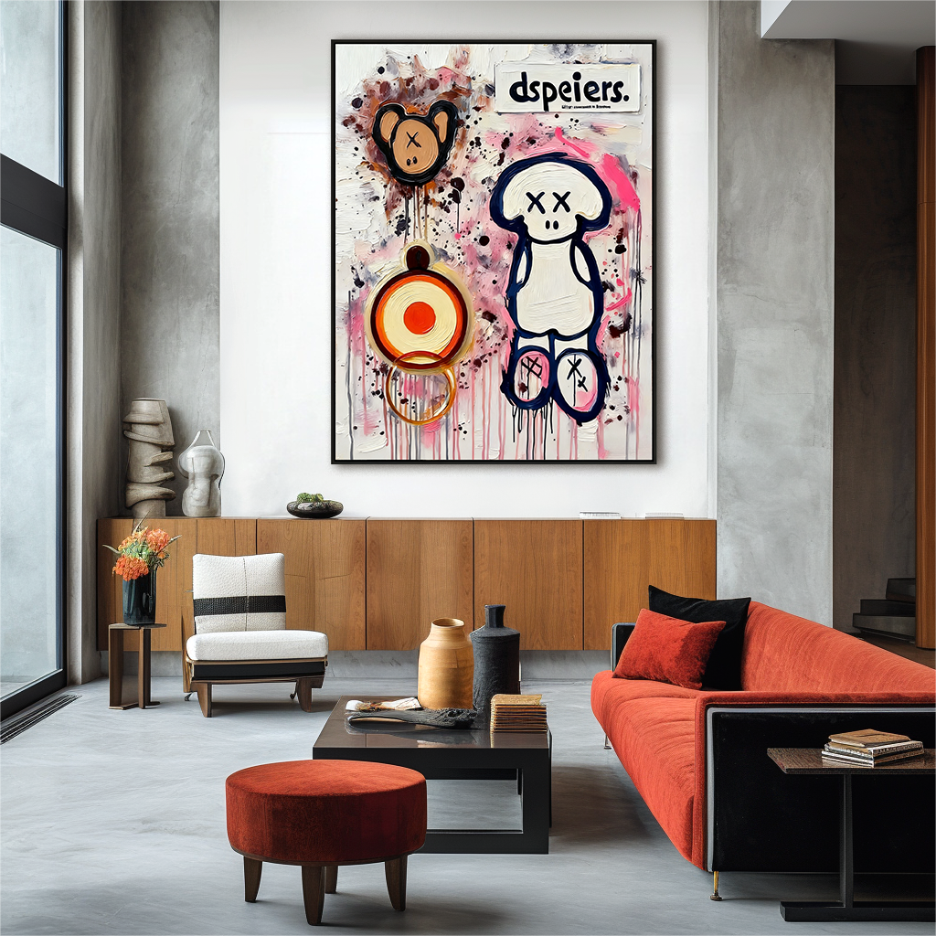 Playful character artwork with abstract symbols and colorful paint splashes