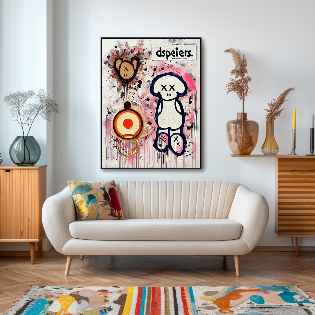 Playful character artwork with abstract symbols and colorful paint splashes