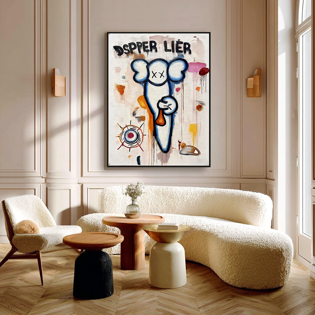 Playful character painting with crossed eyes and colorful street art background