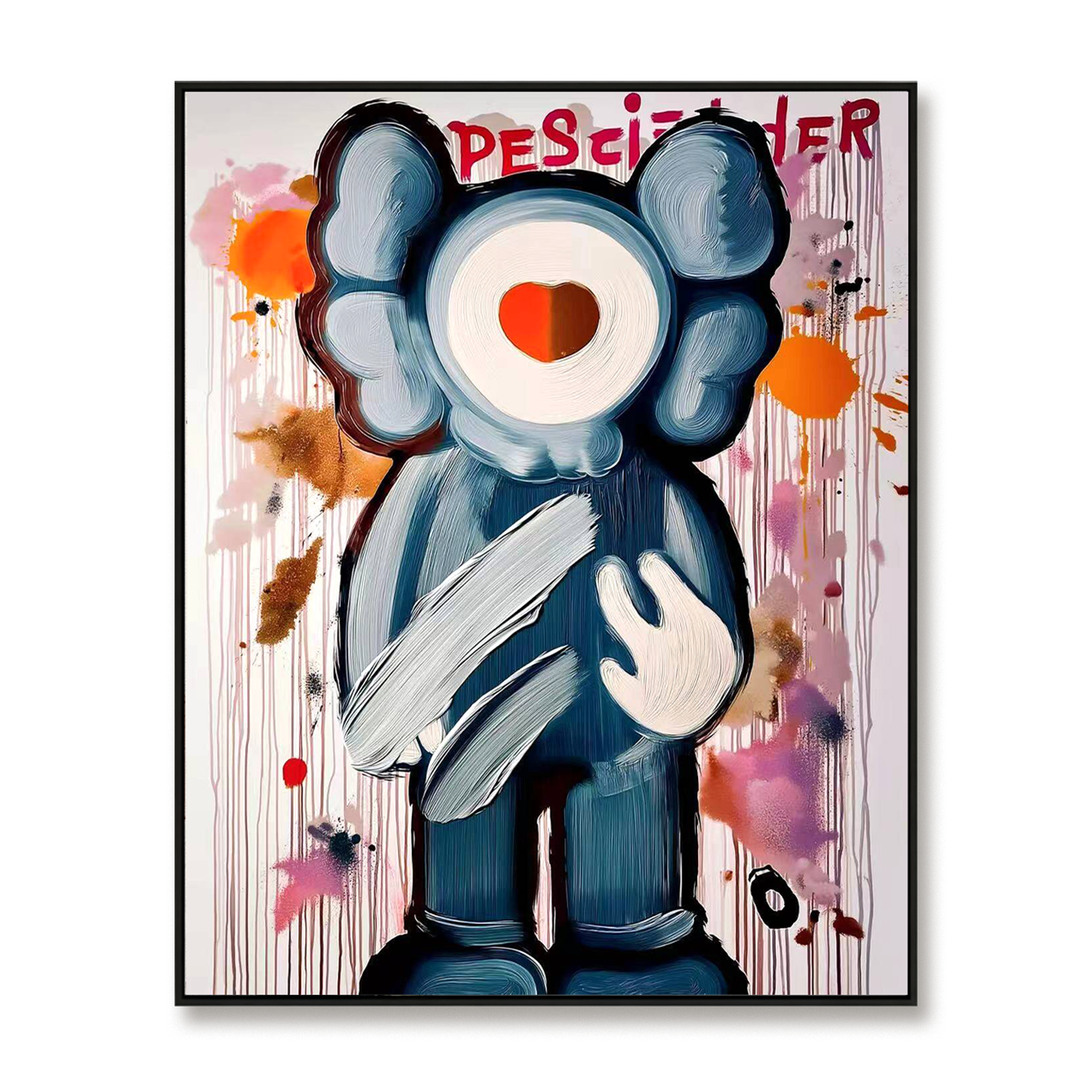 Playful character painting with heart detail and colorful paint splashes