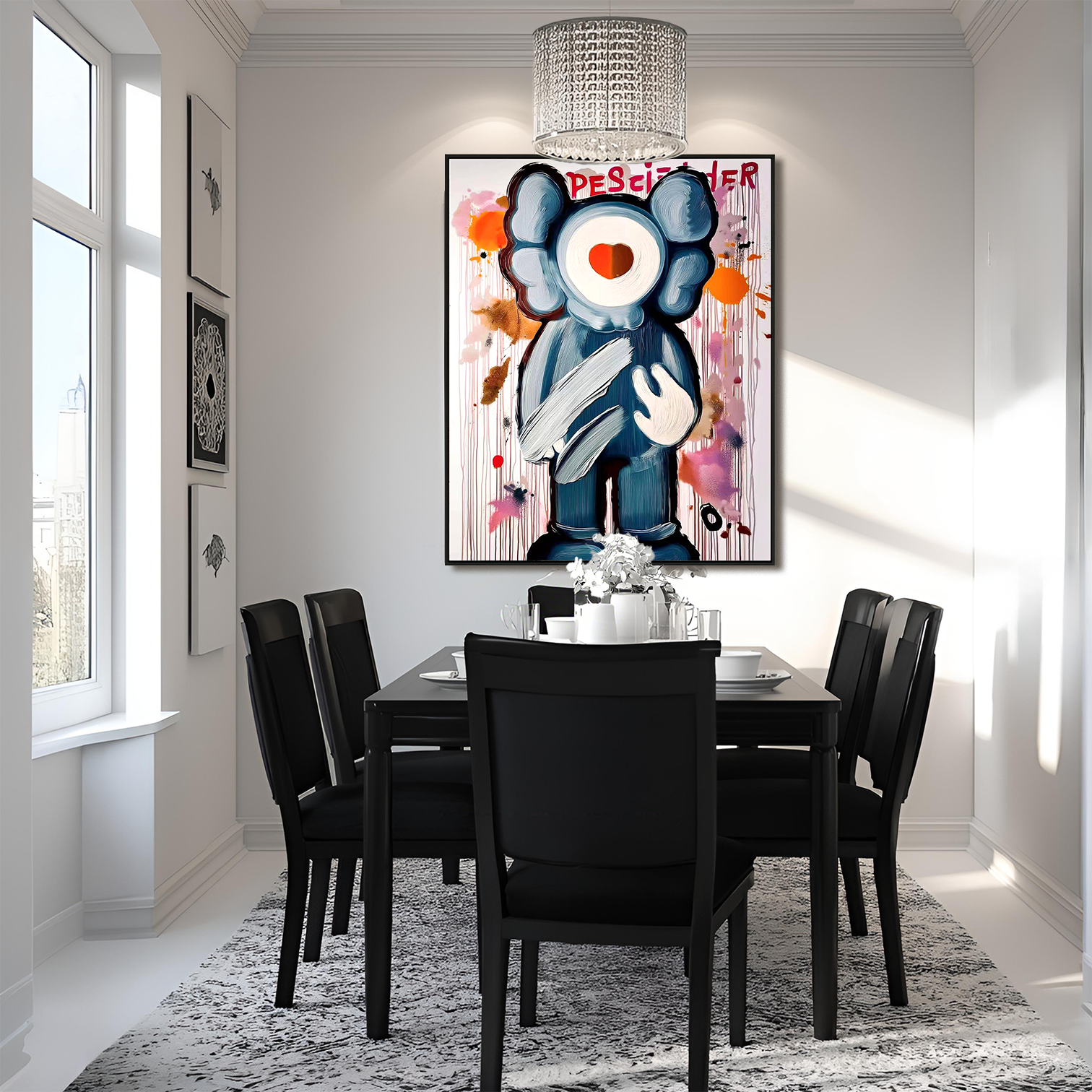 Playful character painting with heart detail and colorful paint splashes