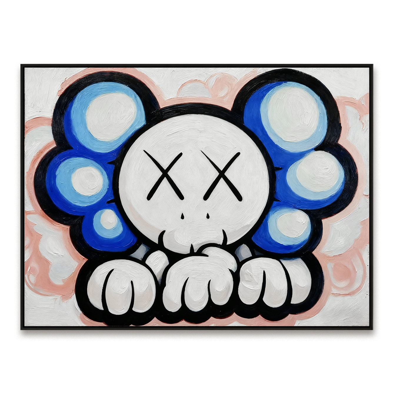 Playful cartoon character painting with blue cloud shapes and crossed eyes