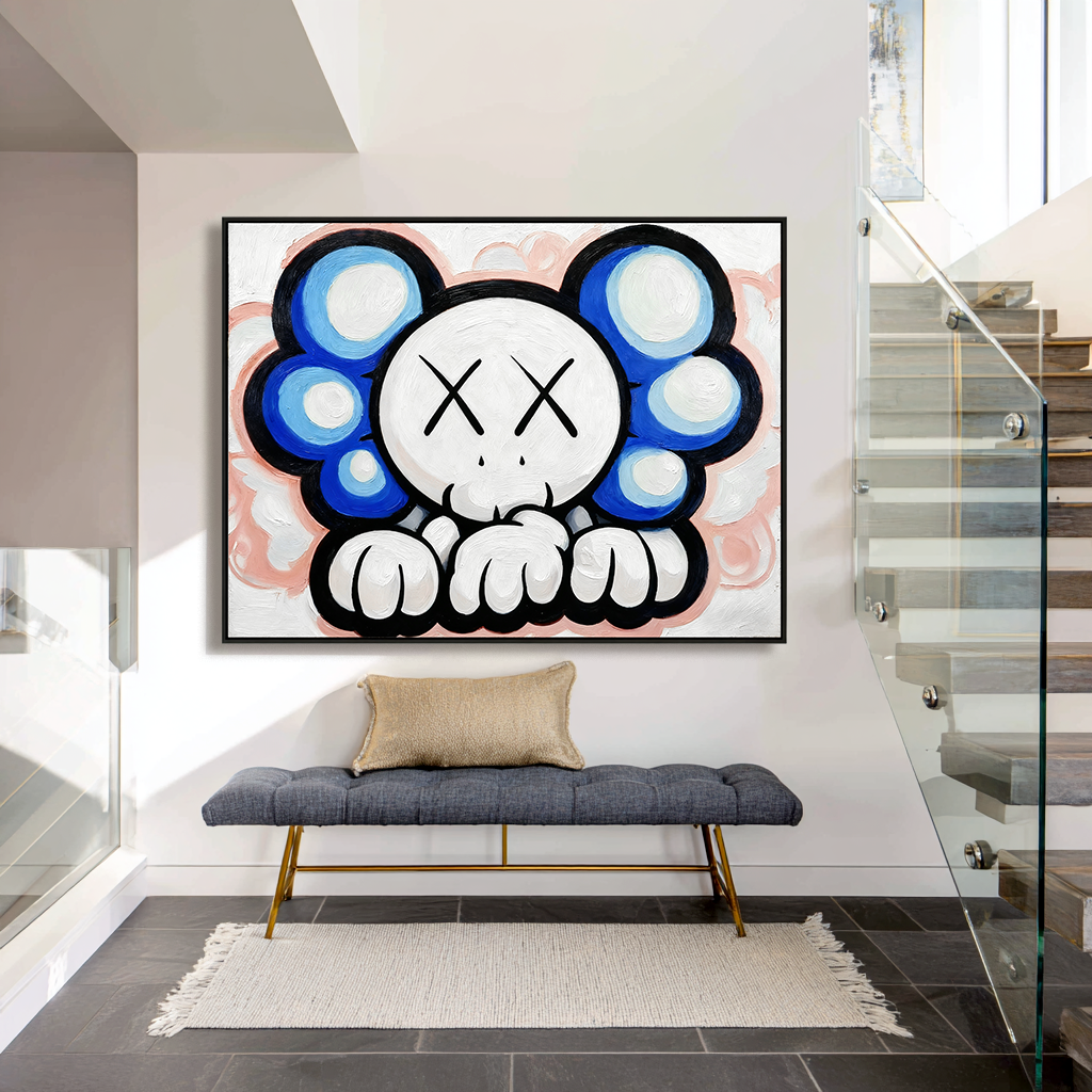 Playful cartoon character painting with blue cloud shapes and crossed eyes