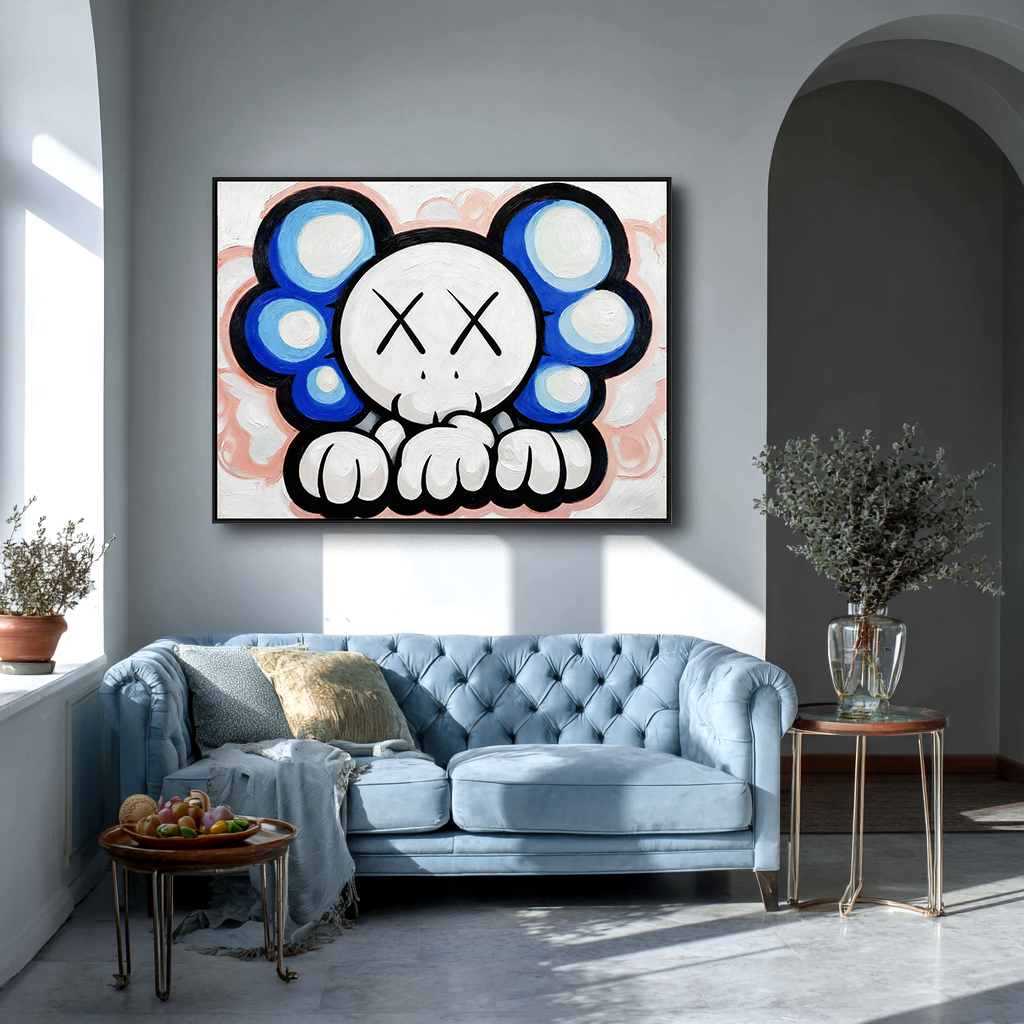 Playful cartoon character painting with blue cloud shapes and crossed eyes