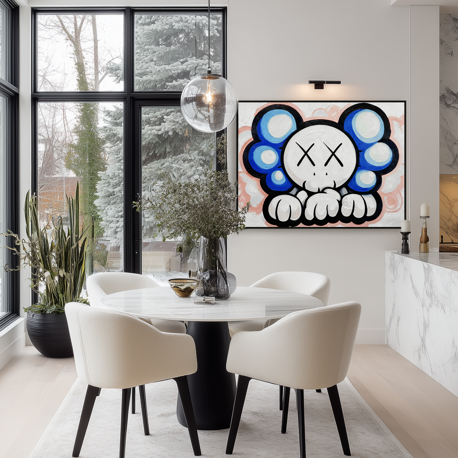 Playful cartoon character painting with blue cloud shapes and crossed eyes