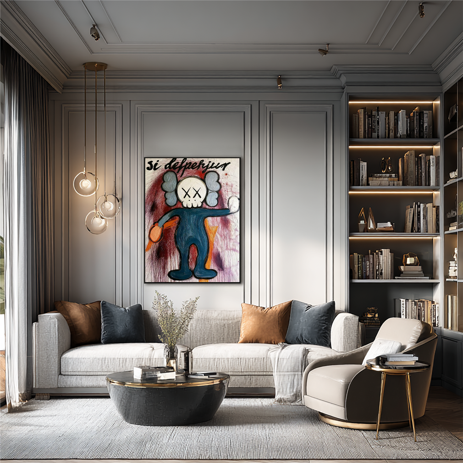 Playful character painting with crossed eyes, outstretched arms, and expressive paint drips