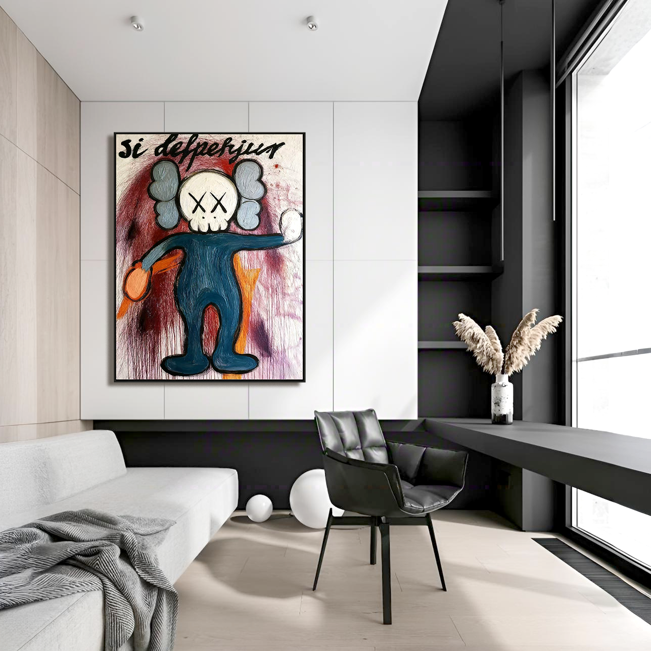 Playful character painting with crossed eyes, outstretched arms, and expressive paint drips