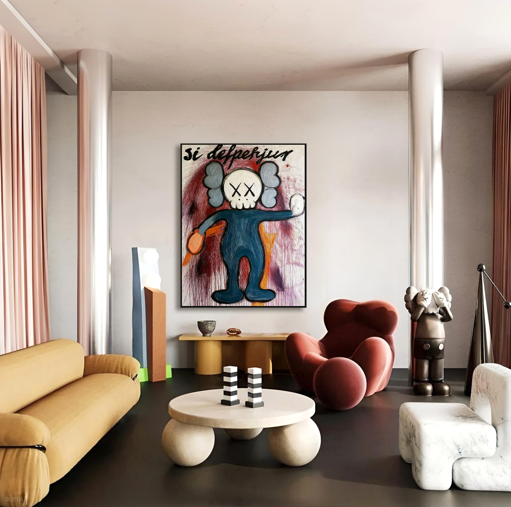 Playful character painting with crossed eyes, outstretched arms, and expressive paint drips