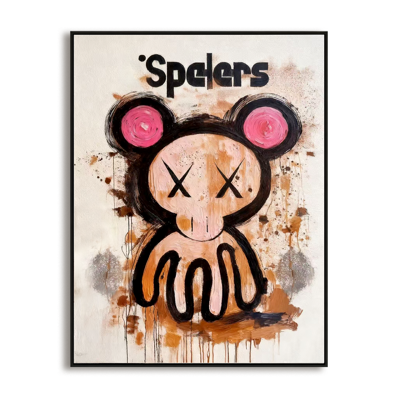 Playful cartoon character painting with crossed eyes and abstract paint splashes
