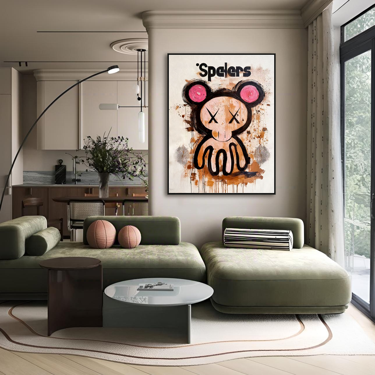 Playful cartoon character painting with crossed eyes and abstract paint splashes