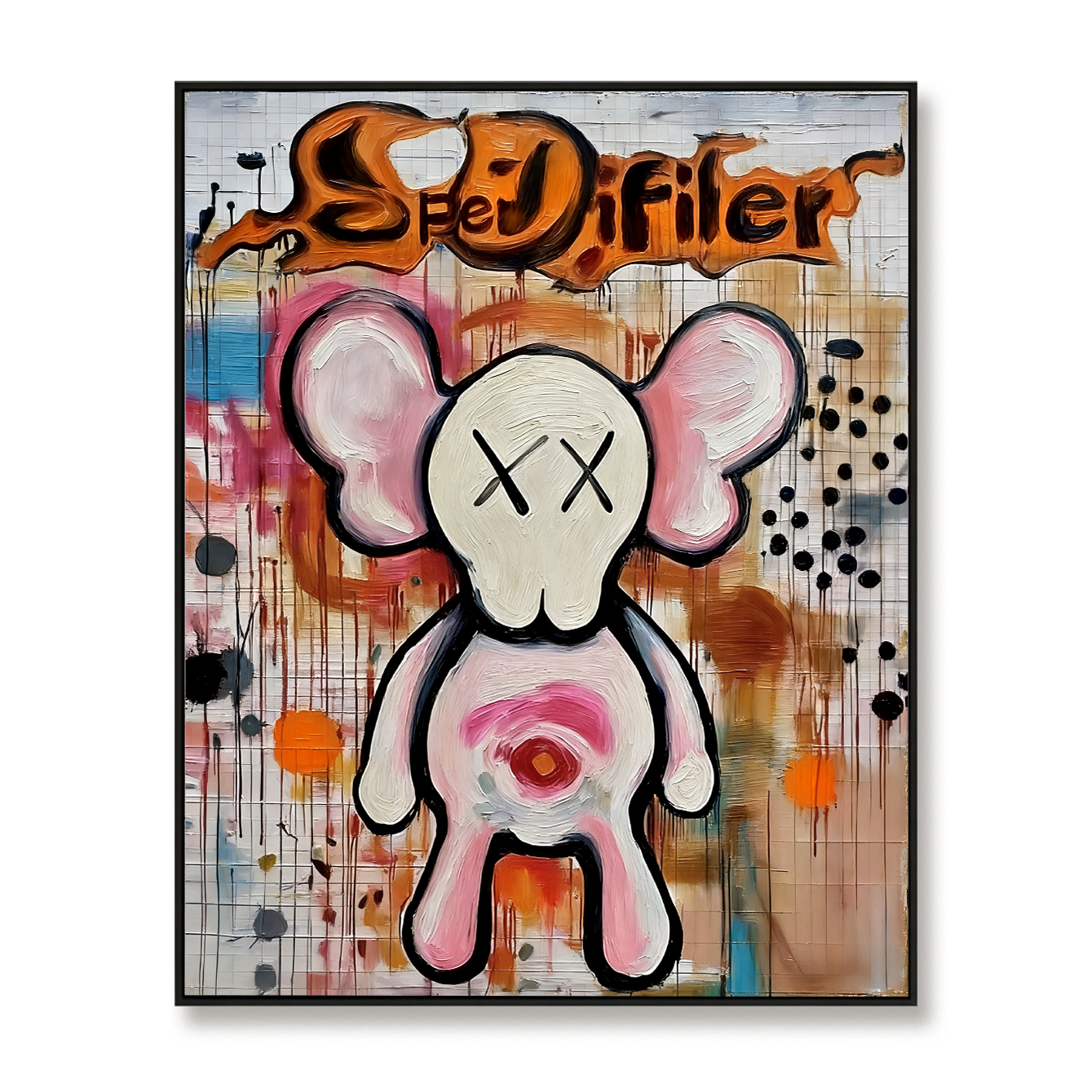 Playful cartoon character painting with crossed eyes and colorful abstract background