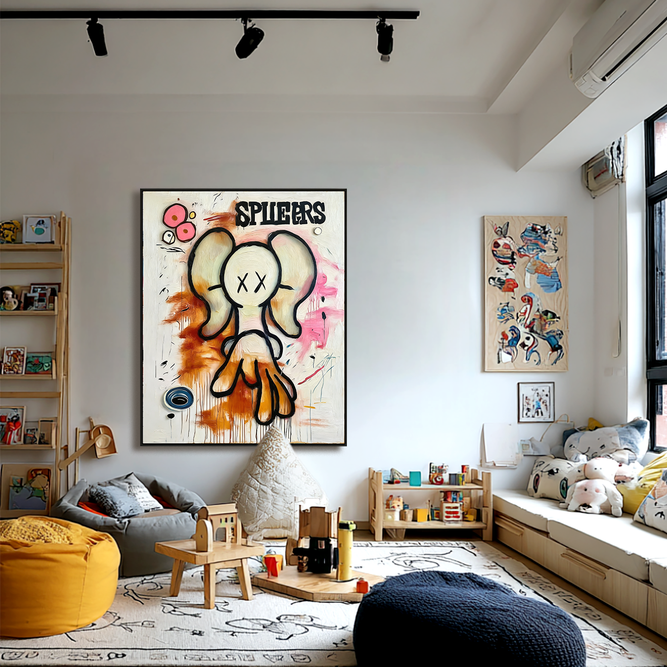 Playful character wall art displayed in a modern kids room with creative decor
