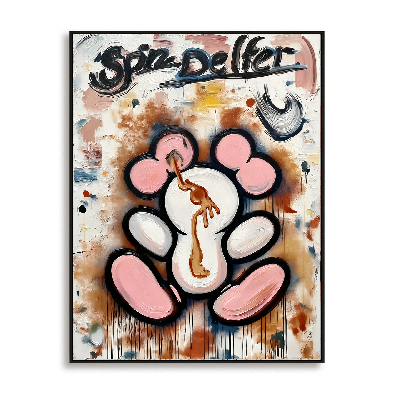 Playful cartoon character painting with expressive brushstrokes and paint drips