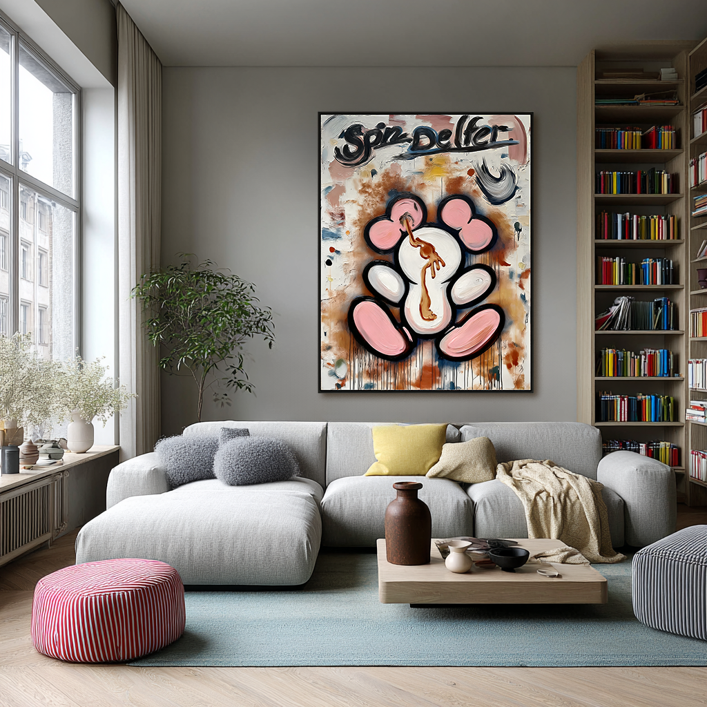 Playful cartoon character painting with expressive brushstrokes and paint drips