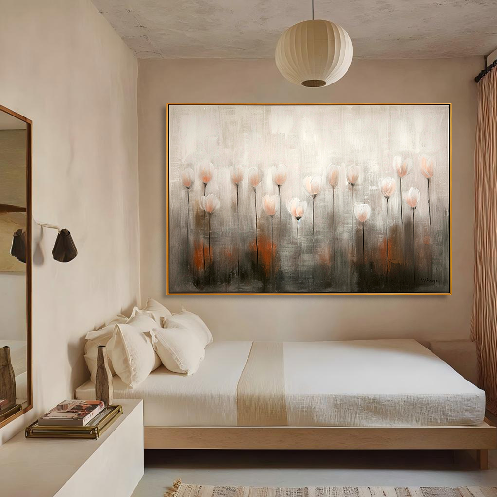 Whispering Tulip Field – Modern Minimalist Floral Oil Painting