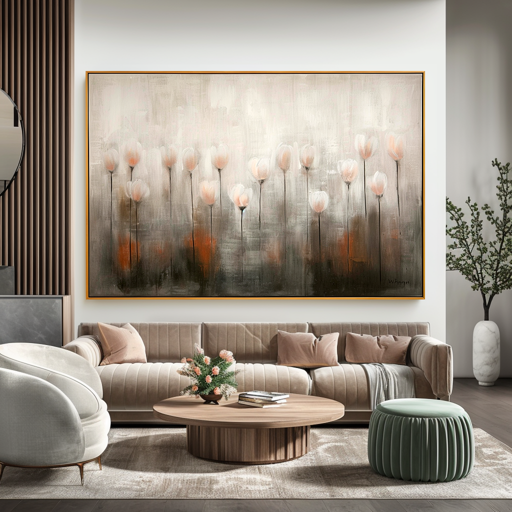 Whispering Tulip Field – Modern Minimalist Floral Oil Painting