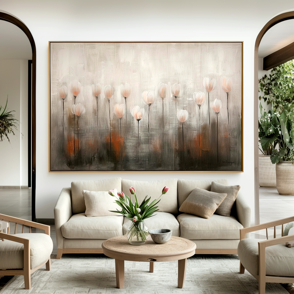 Whispering Tulip Field – Modern Minimalist Floral Oil Painting