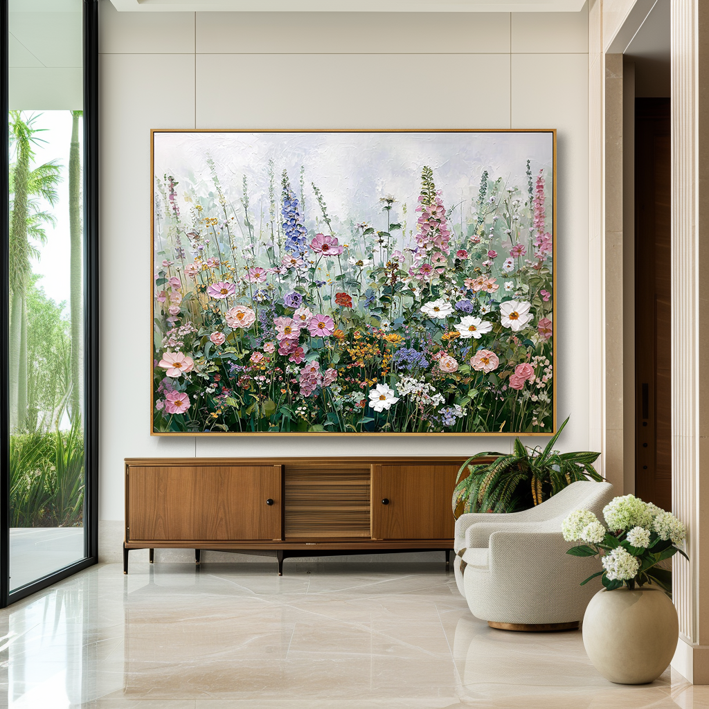 Wildflower Dream – Textured Oil Painting, Soft Pink and Purple Floral Wall Art, Hand-painted Garden Flowers for Living Room, Home Decor