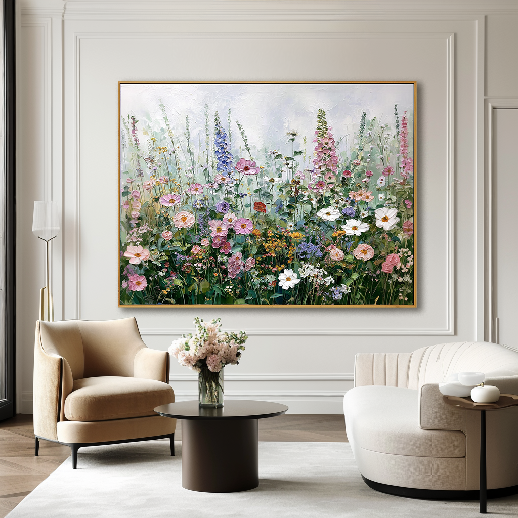 Wildflower Dream – Textured Oil Painting, Soft Pink and Purple Floral Wall Art, Hand-painted Garden Flowers for Living Room, Home Decor