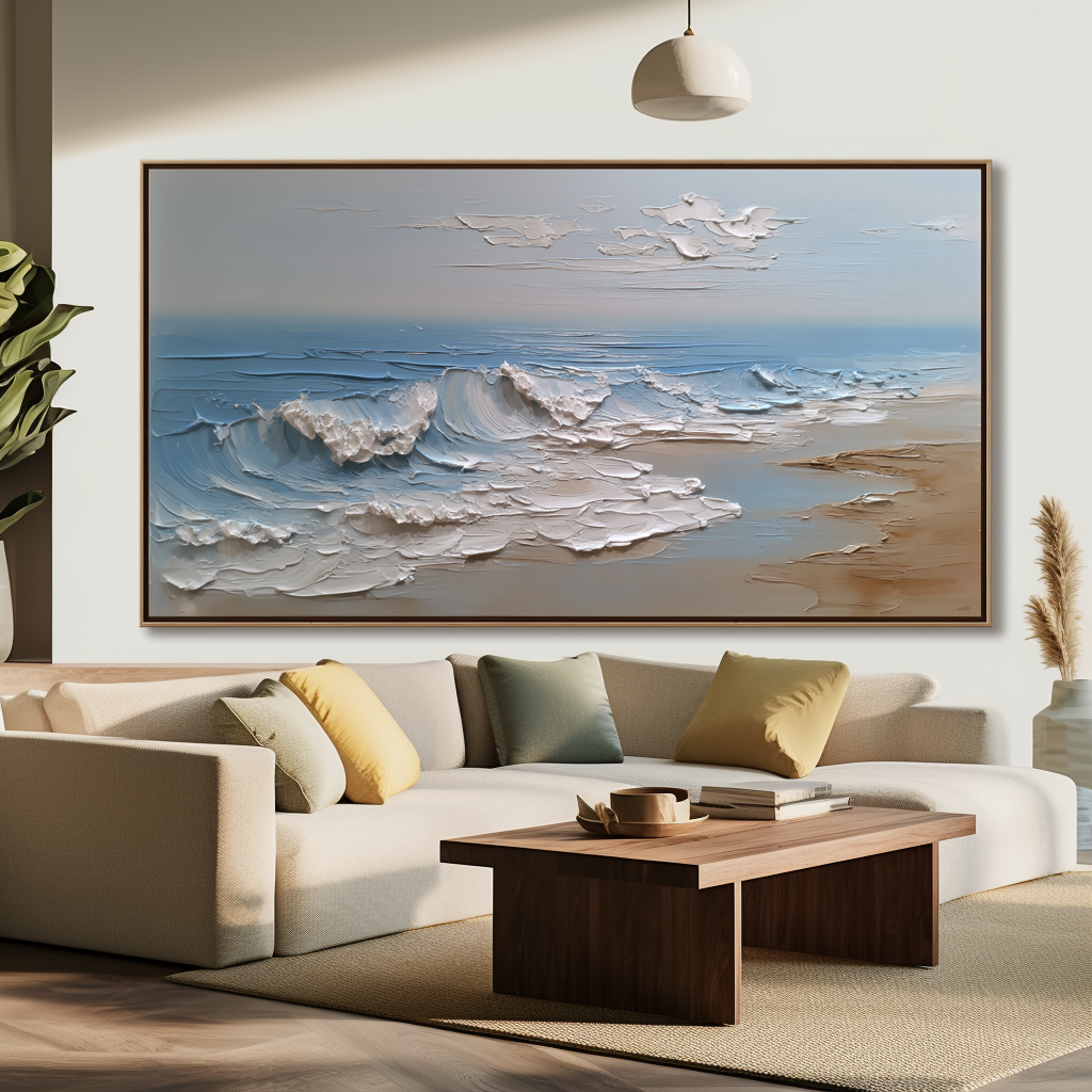 Hand-painted 3D textured ocean painting with rolling waves and sandy beach, perfect coastal wall art for modern beach house decor.