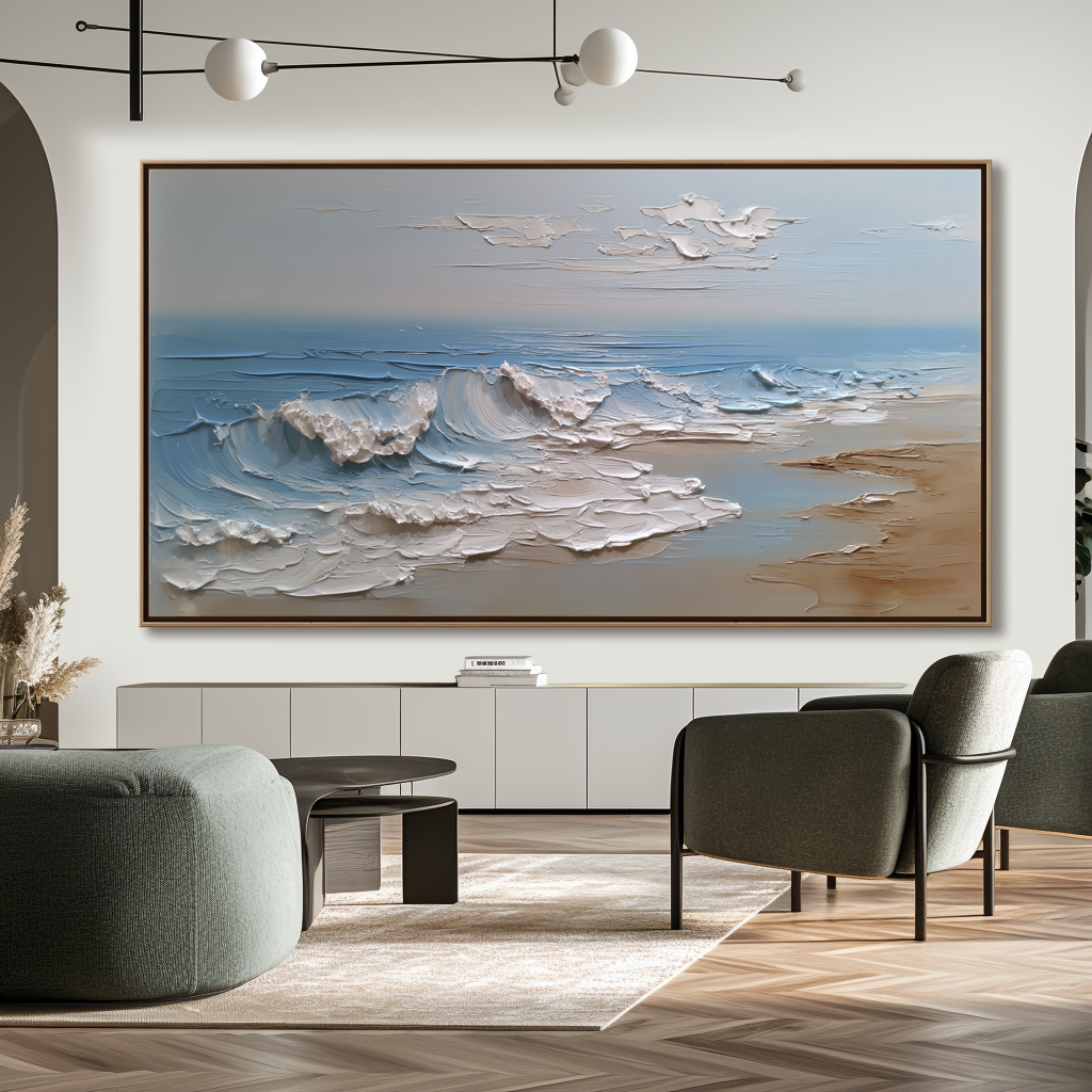 Textured seascape canvas featuring sculpted waves and calm shoreline, ideal for coastal living room wall decor.