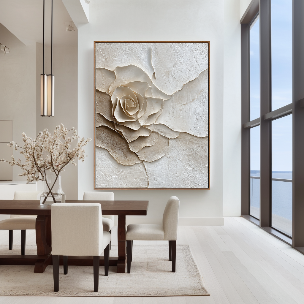 Cream Petal โ Textured Rose Wall Art, Hand-Painted Neutral Floral Canvas for Modern Home Decor