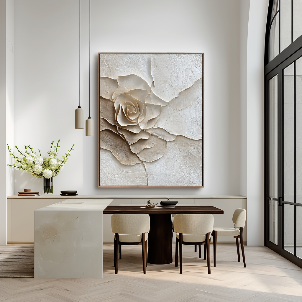 Cream Petal โ Textured Rose Wall Art, Hand-Painted Neutral Floral Canvas for Modern Home Decor
