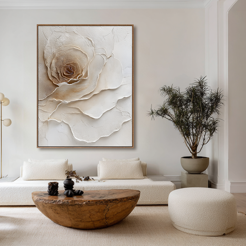 Velvet Bloom โ Textured Rose Wall Art, Hand-Painted Neutral Floral Canvas for Modern Home Decor