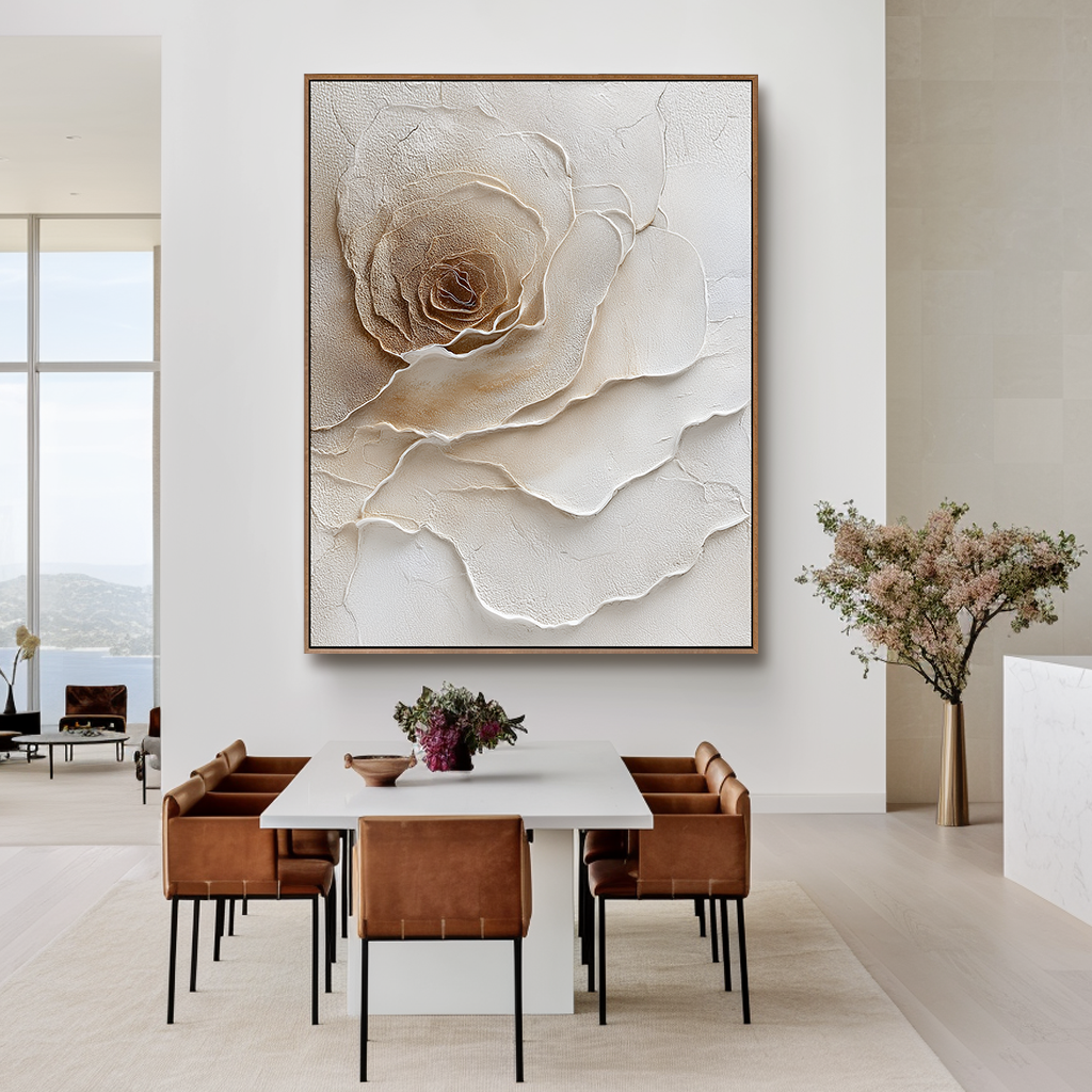 Velvet Bloom โ Textured Rose Wall Art, Hand-Painted Neutral Floral Canvas for Modern Home Decor