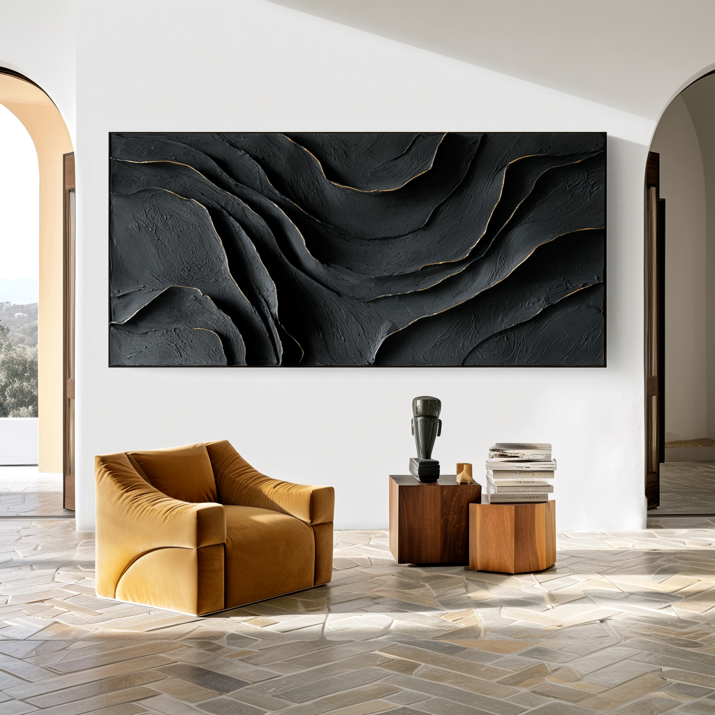 Fault Line Silence - Textured Abstract Black Wall Art Hand Painted Modern Canvas