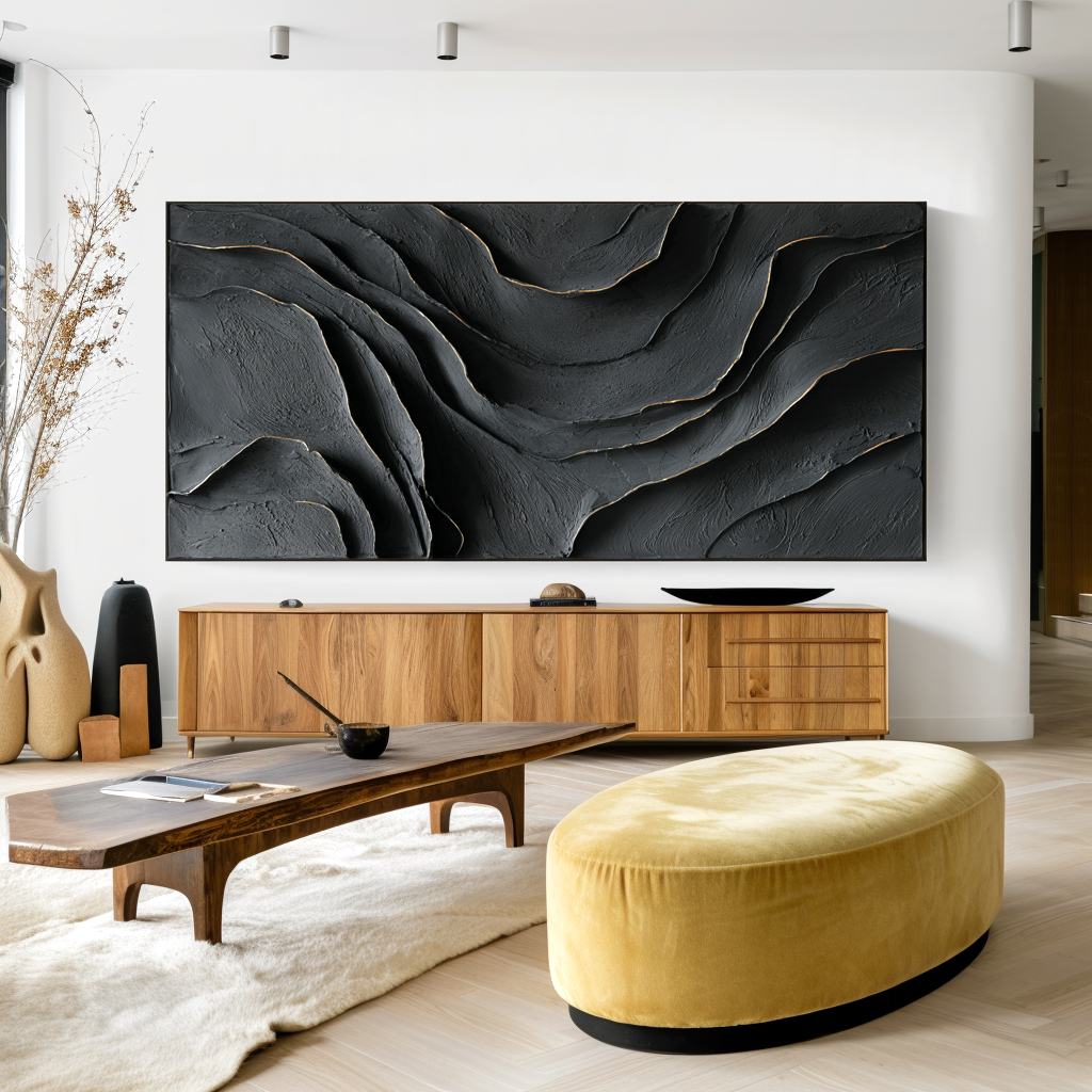 Fault Line Silence - Textured Abstract Black Wall Art Hand Painted Modern Canvas