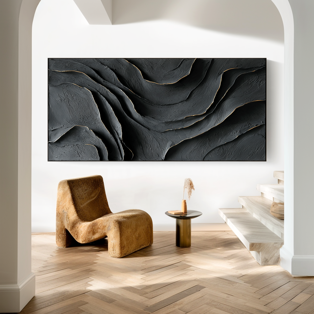 Fault Line Silence - Textured Abstract Black Wall Art Hand Painted Modern Canvas