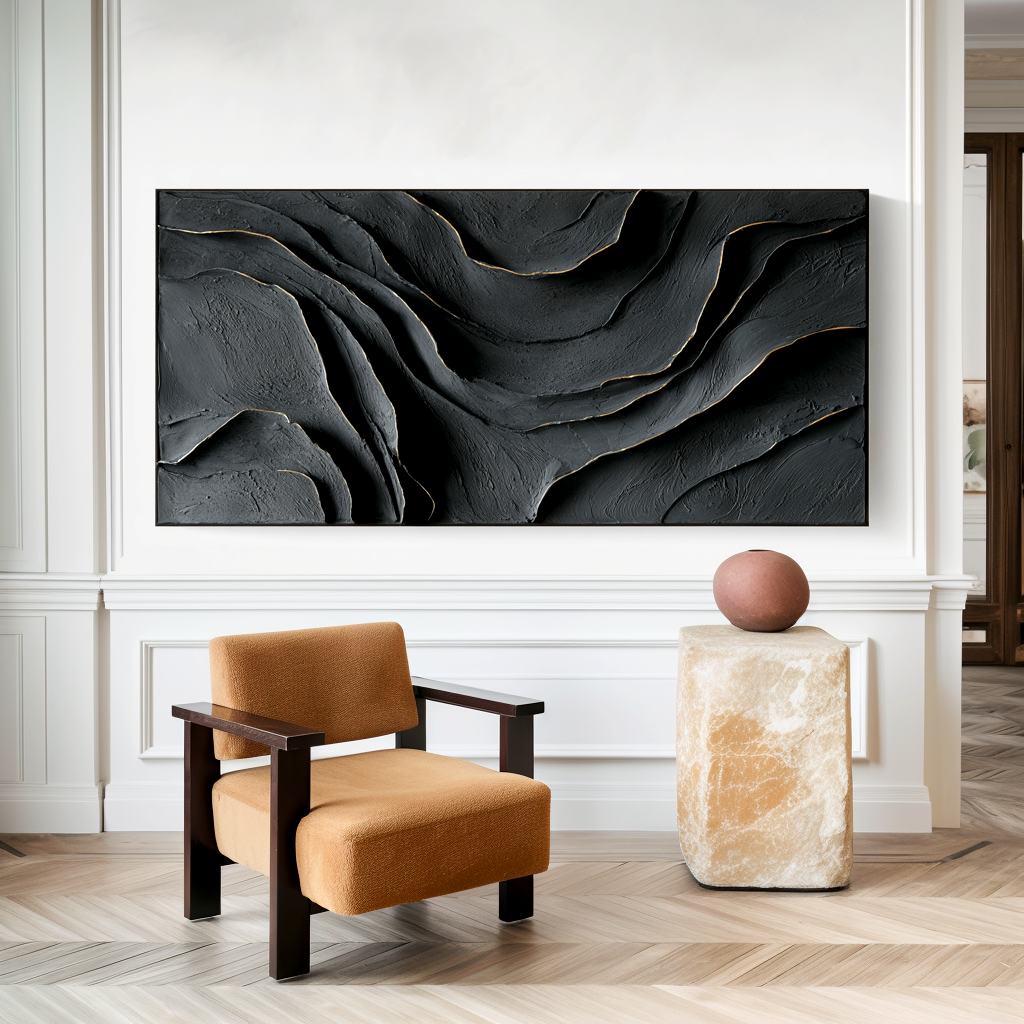 Fault Line Silence - Textured Abstract Black Wall Art Hand Painted Modern Canvas